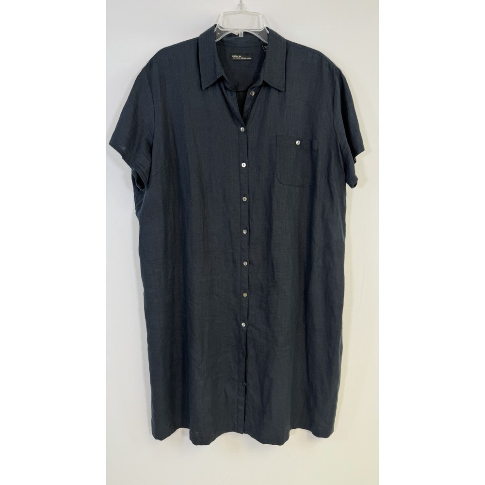 Valerie Stevens Vintage Midi Shirt Dress 100% Linen Navy Sz 22 W Closet Staple